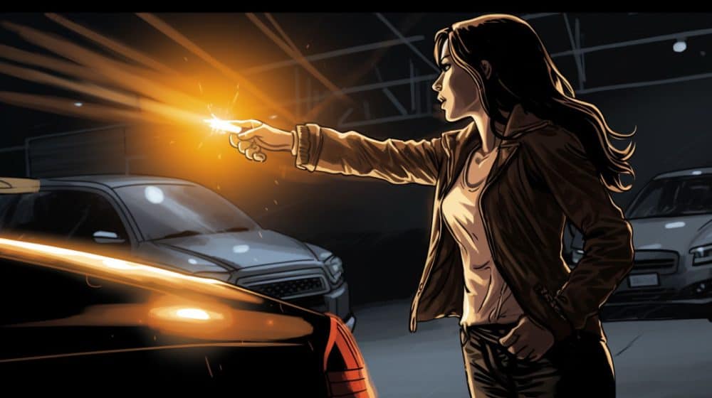 Woman defending herself with a stun gun in a dark parking lot