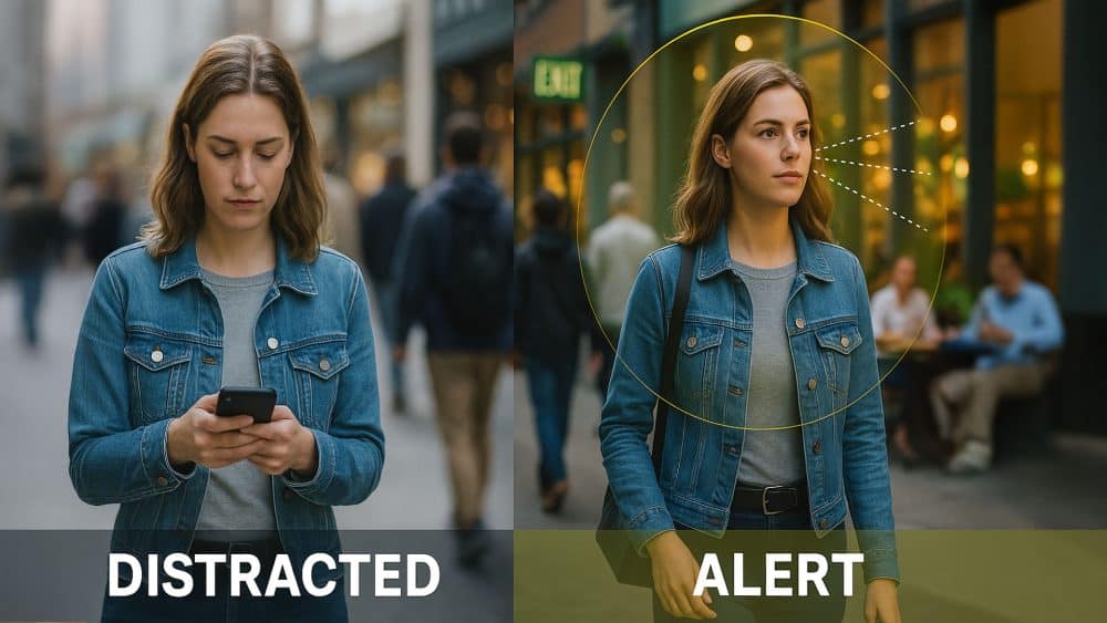 Split-screen comparison image of a woman walking in a busy urban street, showing “Distracted” on the left with her looking down at her phone, and “Alert” on the right with her head up, scanning her surroundings to demonstrate situational awareness.
