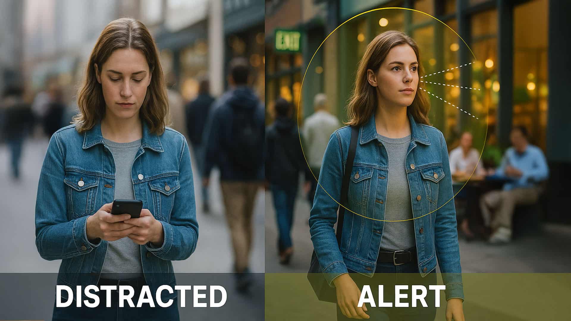 Split-screen comparison image of a woman walking in a busy urban street, showing “Distracted” on the left with her looking down at her phone, and “Alert” on the right with her head up, scanning her surroundings to demonstrate situational awareness.