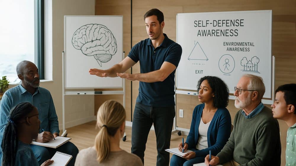Diverse group learning research-based self-defense awareness techniques in professional training environment