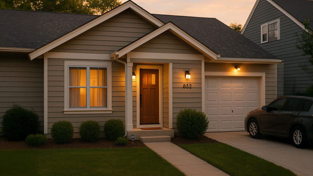 Well-maintained suburban home exterior showing strategic security features and visible occupancy signals