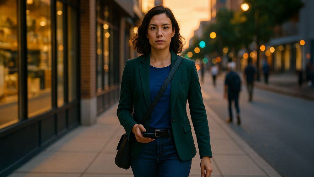 Confident woman walking purposefully on urban street demonstrating situational awareness and empowerment