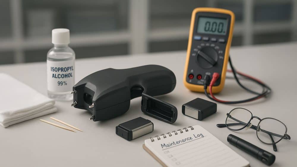 Professional stun gun maintenance setup on a clean workbench showing a modern stun gun with open battery compartment, isopropyl alcohol, microfiber cloths, multimeter, replacement battery, toothpicks, glasses, maintenance log, and LED flashlight arranged neatly in a well-lit laboratory-style environment