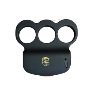 Three Finger Grip Stun Gun — Squeeze-to-Fire Activation, Ergonomic Palm Fit, Built-In Safety, Wrist Strap, Rechargeable, Compact Non-Lethal Self-Defense